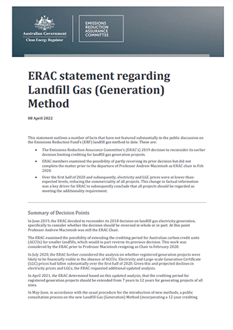 ERAC statement regarding
Landfill Gas (Generation)
Method
